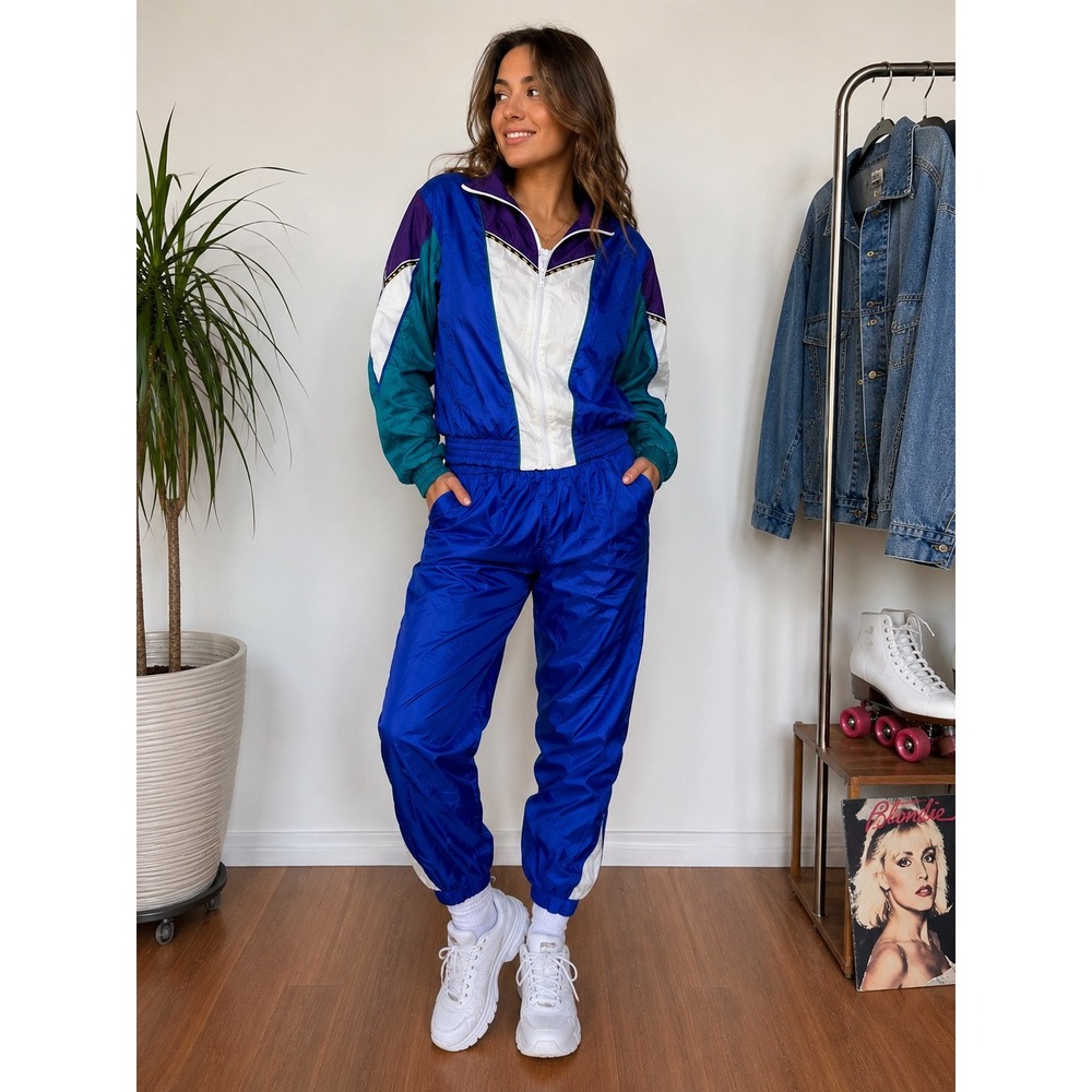 Vintage 80's Sunterra Colorblock Track Suit Set size PS Retro Blue Purple Teal